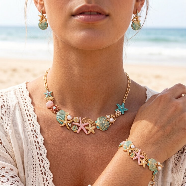 Colorful Enamel Starfish & Shell Jewelry Set, Beach Vacation Accessories