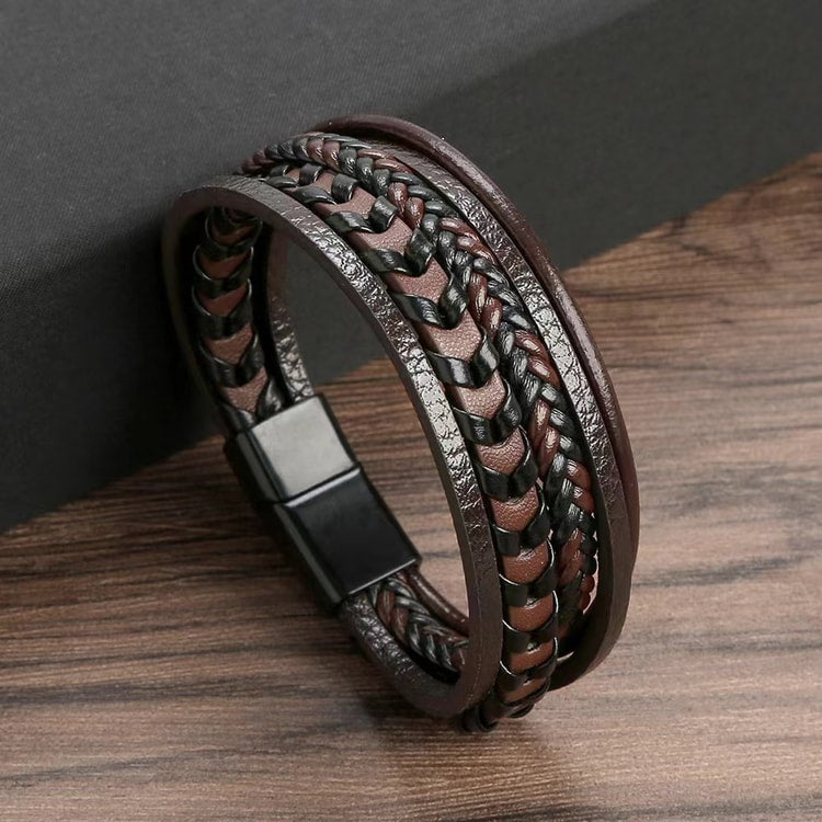 Men’s Multi-Layer Vintage Leather Braided Bracelet with Alloy Magnetic Buckle