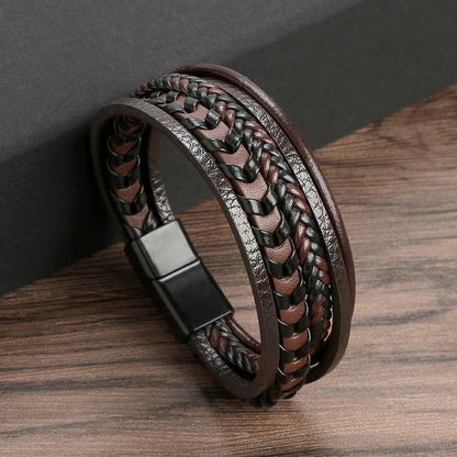 Men’s Multi-Layer Vintage Leather Braided Bracelet with Alloy Magnetic Buckle