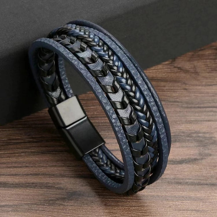 Men’s Multi-Layer Vintage Leather Braided Bracelet with Alloy Magnetic Buckle