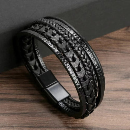 Men’s Multi-Layer Vintage Leather Braided Bracelet with Alloy Magnetic Buckle
