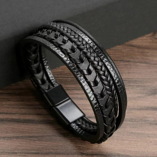 Men’s Multi-Layer Vintage Leather Braided Bracelet with Alloy Magnetic Buckle