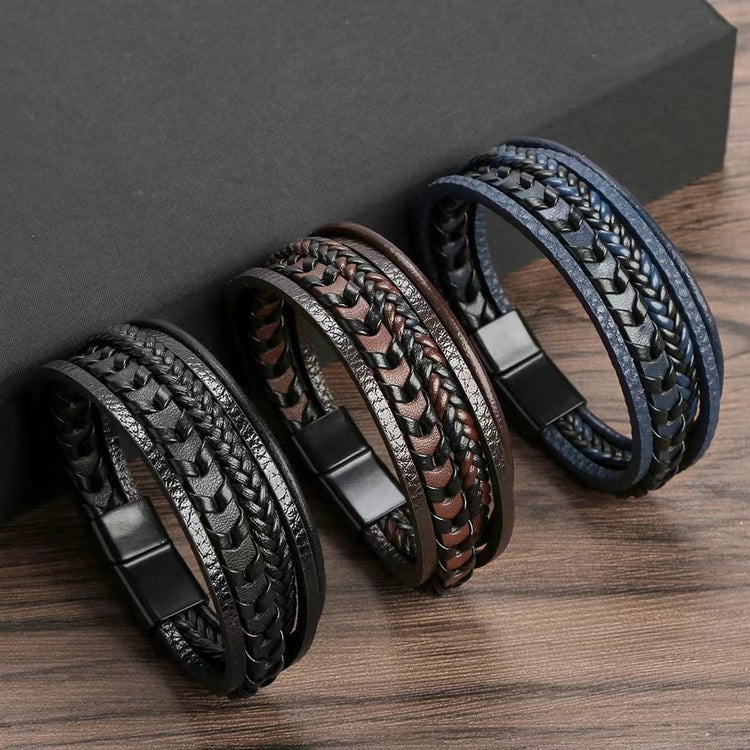 Men’s Multi-Layer Vintage Leather Braided Bracelet with Alloy Magnetic Buckle