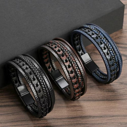 Men’s Multi-Layer Vintage Leather Braided Bracelet with Alloy Magnetic Buckle