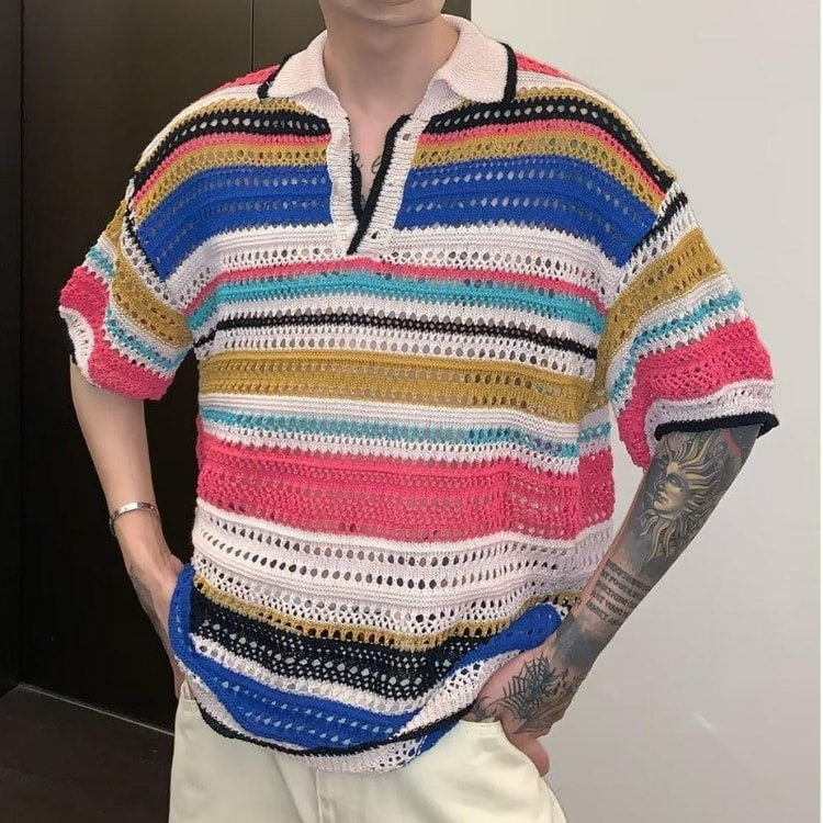 Men’s Knitted Polo Shirt, Lightweight Breathable Striped Summer Casual Beach Shirt