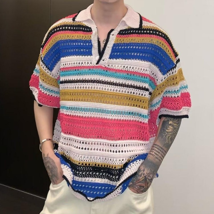 Men’s Knitted Polo Shirt, Lightweight Breathable Striped Summer Casual Beach Shirt
