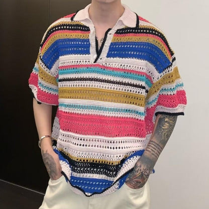 Men’s Knitted Polo Shirt, Lightweight Breathable Striped Summer Casual Beach Shirt