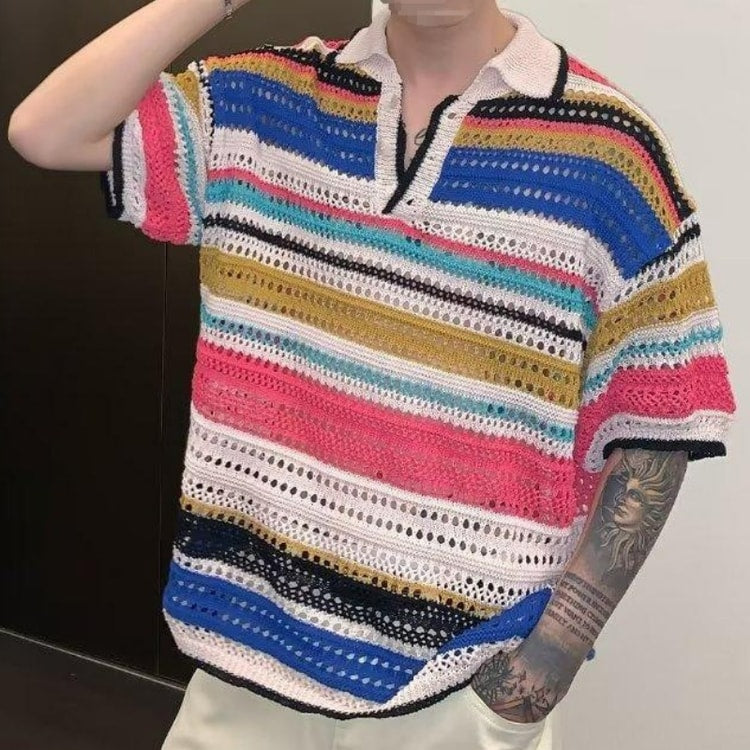 Men’s Knitted Polo Shirt, Lightweight Breathable Striped Summer Casual Beach Shirt