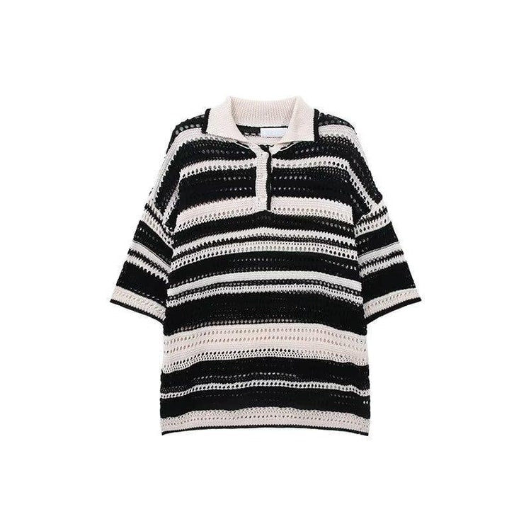 Men’s Knitted Polo Shirt, Lightweight Breathable Striped Summer Casual Beach Shirt