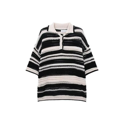 Men’s Knitted Polo Shirt, Lightweight Breathable Striped Summer Casual Beach Shirt