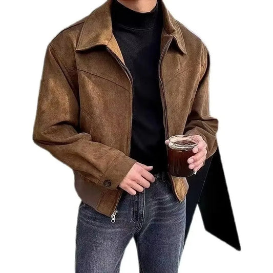 Vintage American Style Suede Jacket for Men, Brown Coffee Color, Cropped Lapel Design for Autumn and Winter
