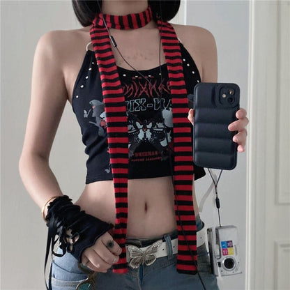 Women’s Striped Cotton Scarf, Long Thin Neckerchief for Casual Streetwear
