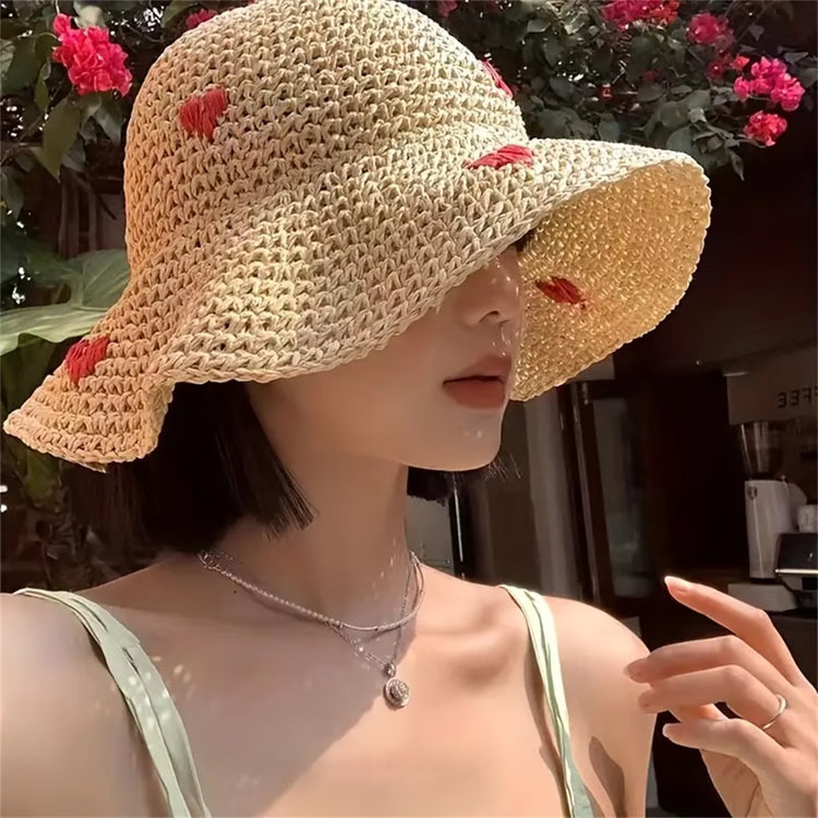 Wavy Brim Straw Sun Hat, Breathable Wide Brim Beach Hat for Summer Travel