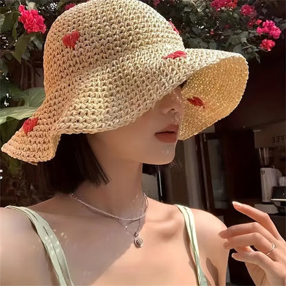 Wavy Brim Straw Sun Hat, Breathable Wide Brim Beach Hat for Summer Travel