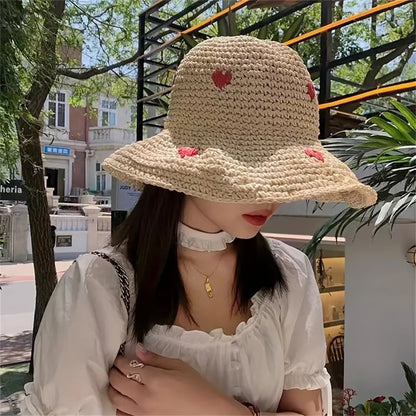 Wavy Brim Straw Sun Hat, Breathable Wide Brim Beach Hat for Summer Travel