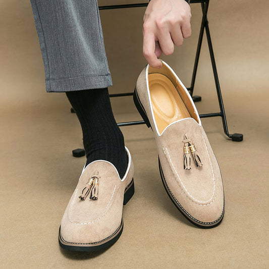 Men’s Tassel Leather Slip-On Loafers, Round Toe Patchwork Suede Dress Shoes