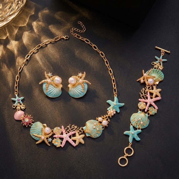 Colorful Enamel Starfish & Shell Jewelry Set, Beach Vacation Accessories
