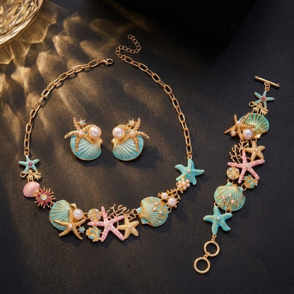 Colorful Enamel Starfish & Shell Jewelry Set, Beach Vacation Accessories