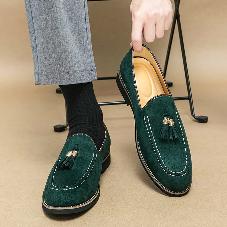 Men’s Tassel Leather Slip-On Loafers, Round Toe Patchwork Suede Dress Shoes