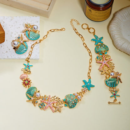 Colorful Enamel Starfish & Shell Jewelry Set, Beach Vacation Accessories