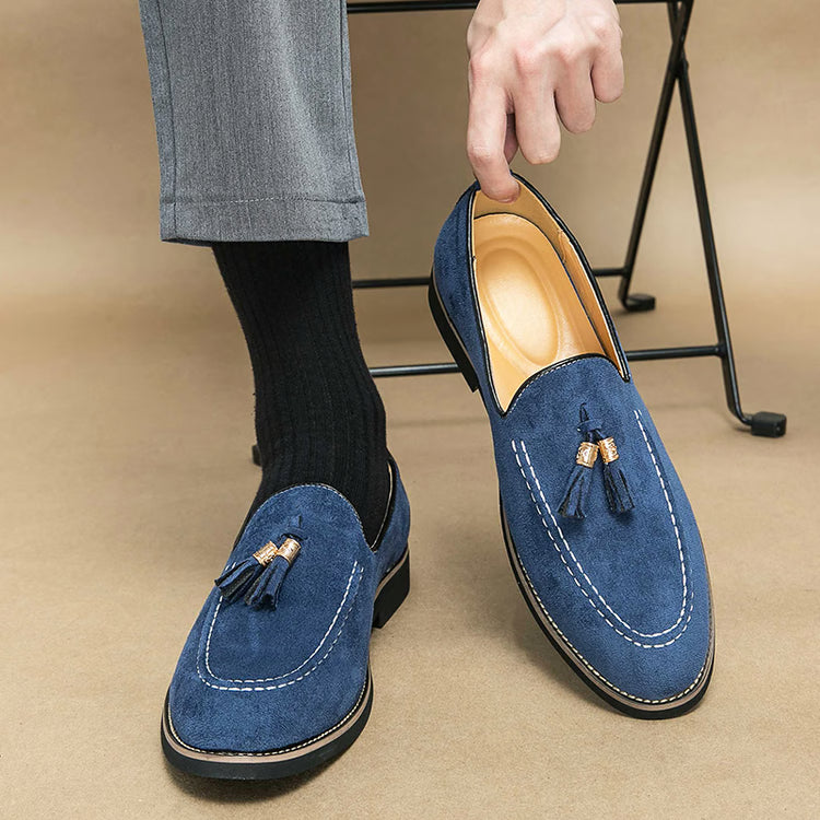 Men’s Tassel Leather Slip-On Loafers, Round Toe Patchwork Suede Dress Shoes