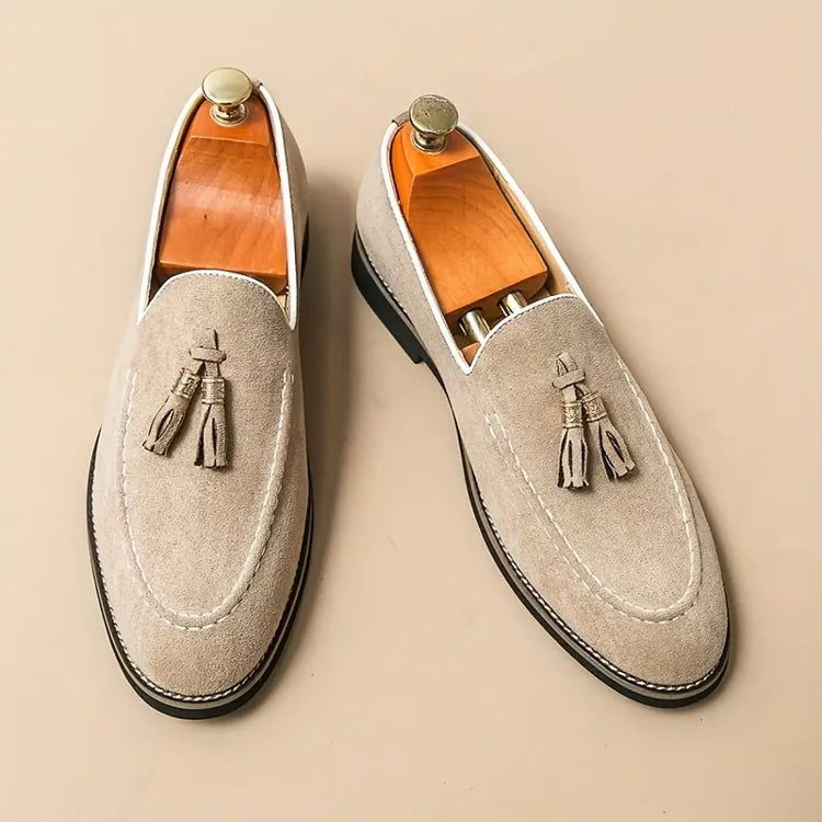 Men’s Tassel Leather Slip-On Loafers, Round Toe Patchwork Suede Dress Shoes