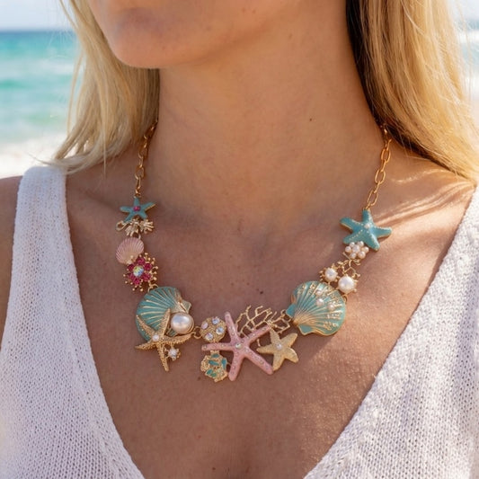Colorful Enamel Starfish & Shell Jewelry Set, Beach Vacation Accessories