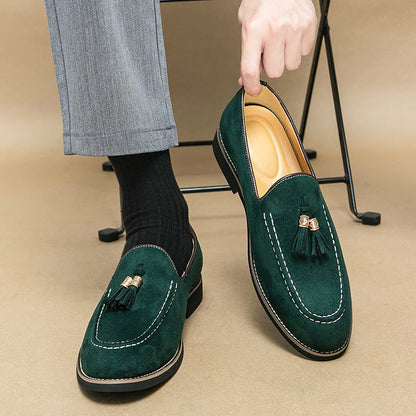 Men’s Tassel Leather Slip-On Loafers, Round Toe Patchwork Suede Dress Shoes