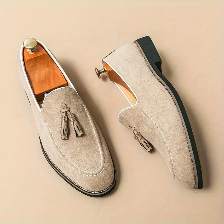 Men’s Tassel Leather Slip-On Loafers, Round Toe Patchwork Suede Dress Shoes
