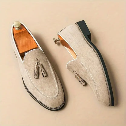 Men’s Tassel Leather Slip-On Loafers, Round Toe Patchwork Suede Dress Shoes