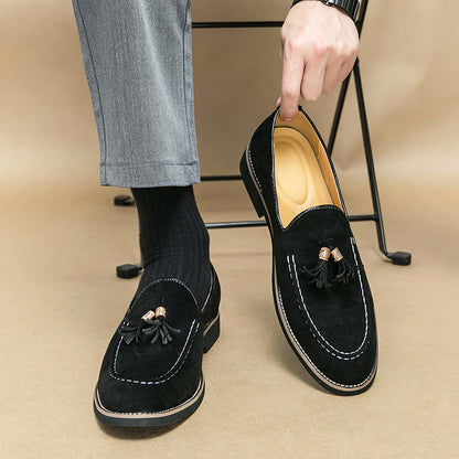Men’s Tassel Leather Slip-On Loafers, Round Toe Patchwork Suede Dress Shoes