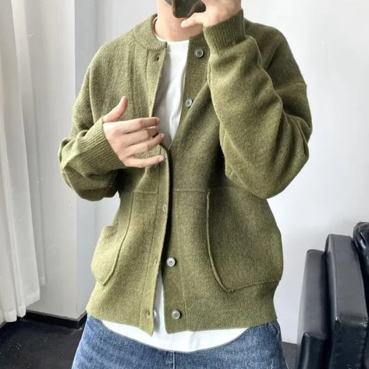 Men’s Knitted Cardigan Sweater, Solid Color Casual Layering Sweater for Autumn and Winter